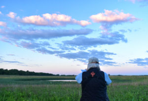 Bird monitoring checking a marsh at dawn