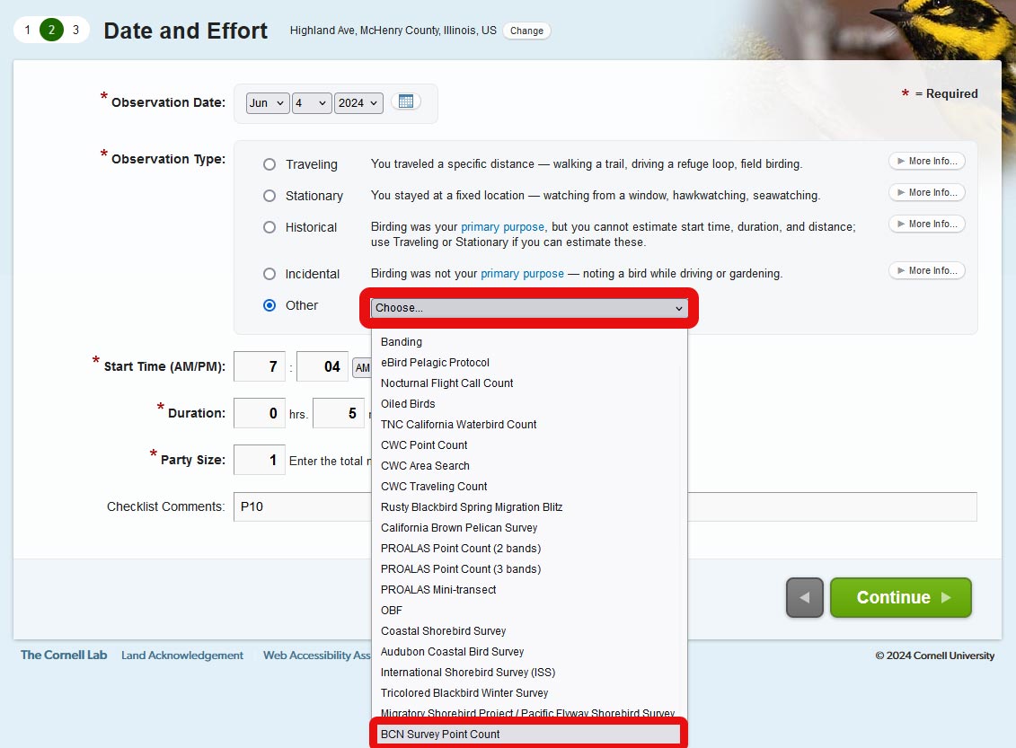 Screenshot of BCN Survey point count protocol in eBird